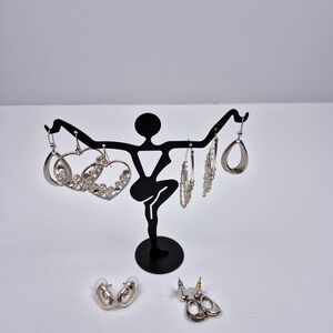 Silver Tone Earrings Lot 5pc Dangle Stud‎ Hoop Heart Rhinestone Jewelry Destash